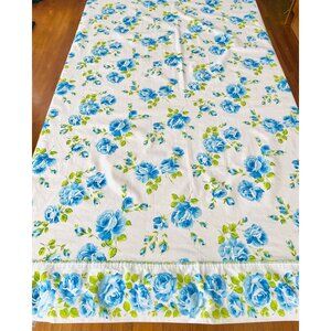 Vintage 70s flat/top sheet, blue roses floral, twin size bed, Wabasso
